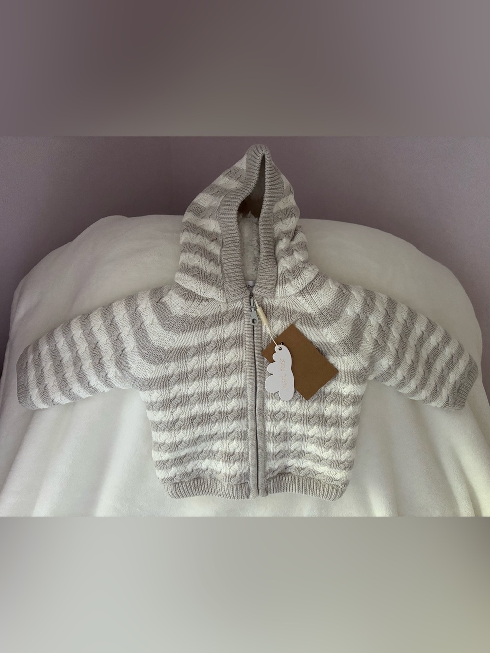 Angel Dear Baby Hooded Zip Sweater - Gray & White Stripe